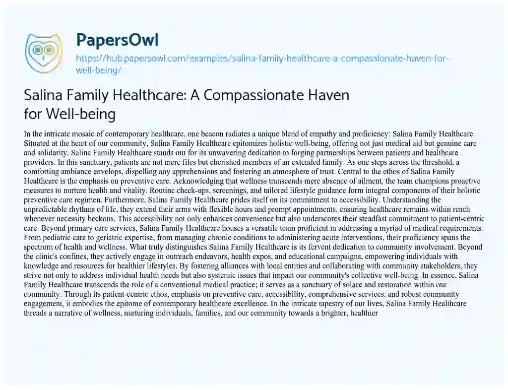 Essay on Salina Family Healthcare: A Compassionate Haven for Well-being
