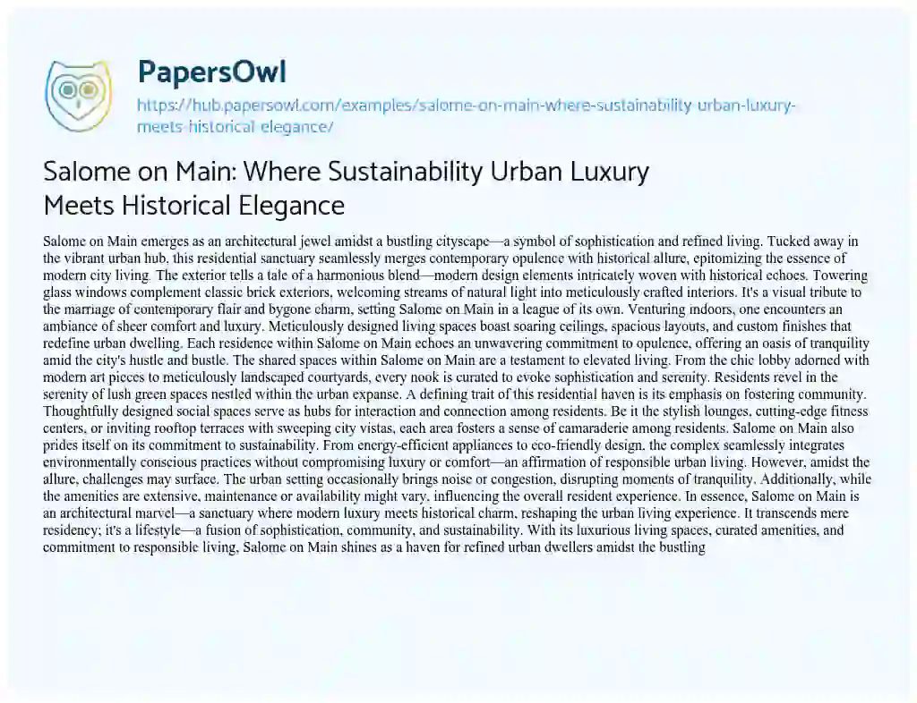 Essay on Salome on Main: Where Sustainability Urban Luxury Meets Historical Elegance