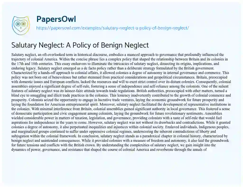 Essay on Salutary Neglect: A Policy of Benign Neglect