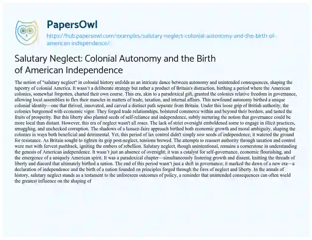 Essay on Salutary Neglect: Colonial Autonomy and the Birth of American Independence