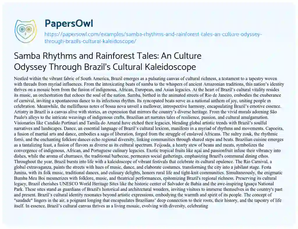 Essay on Samba Rhythms and Rainforest Tales: An Culture Odyssey Through Brazil’s Cultural Kaleidoscope