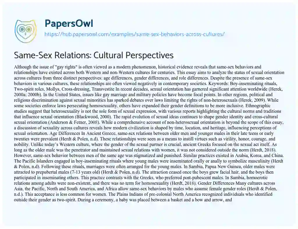 Essay on Same-Sex Relations: Cultural Perspectives