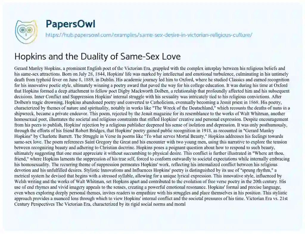 Essay on Hopkins and the Duality of Same-Sex Love