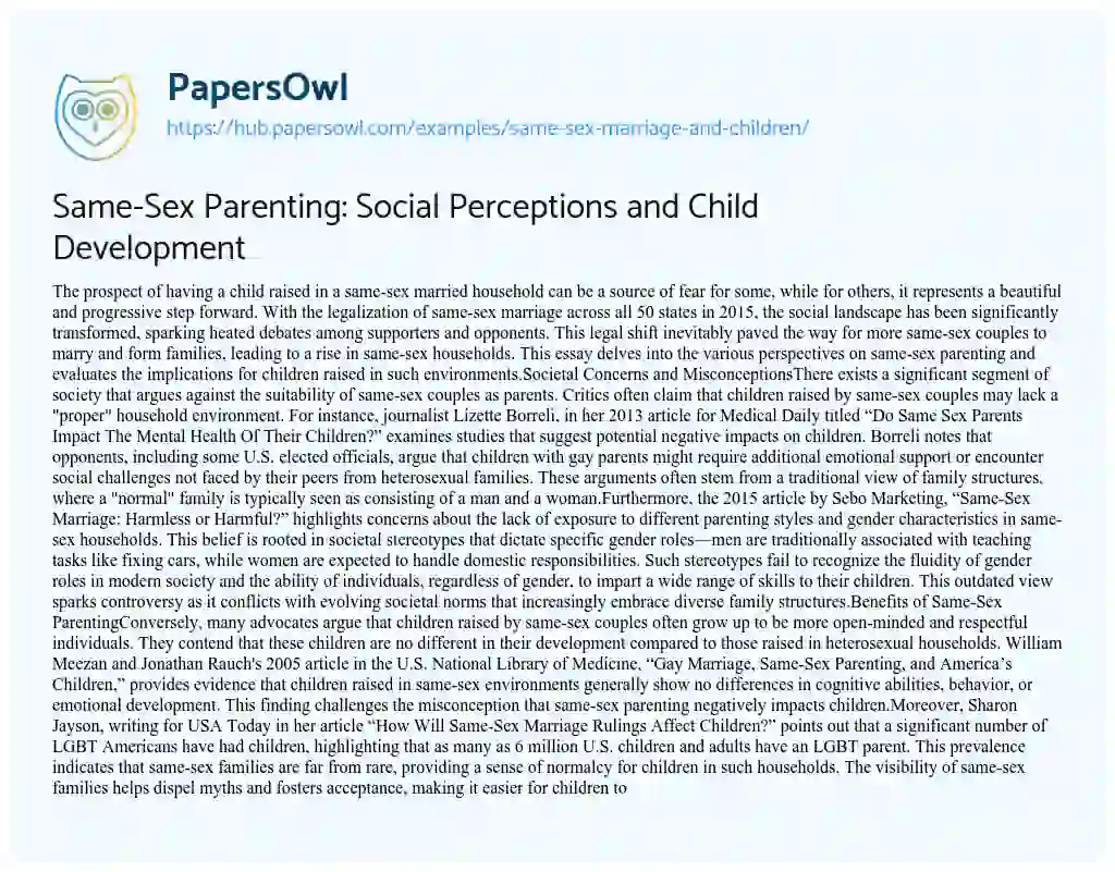 Essay on Same-Sex Parenting: Social Perceptions and Child Development