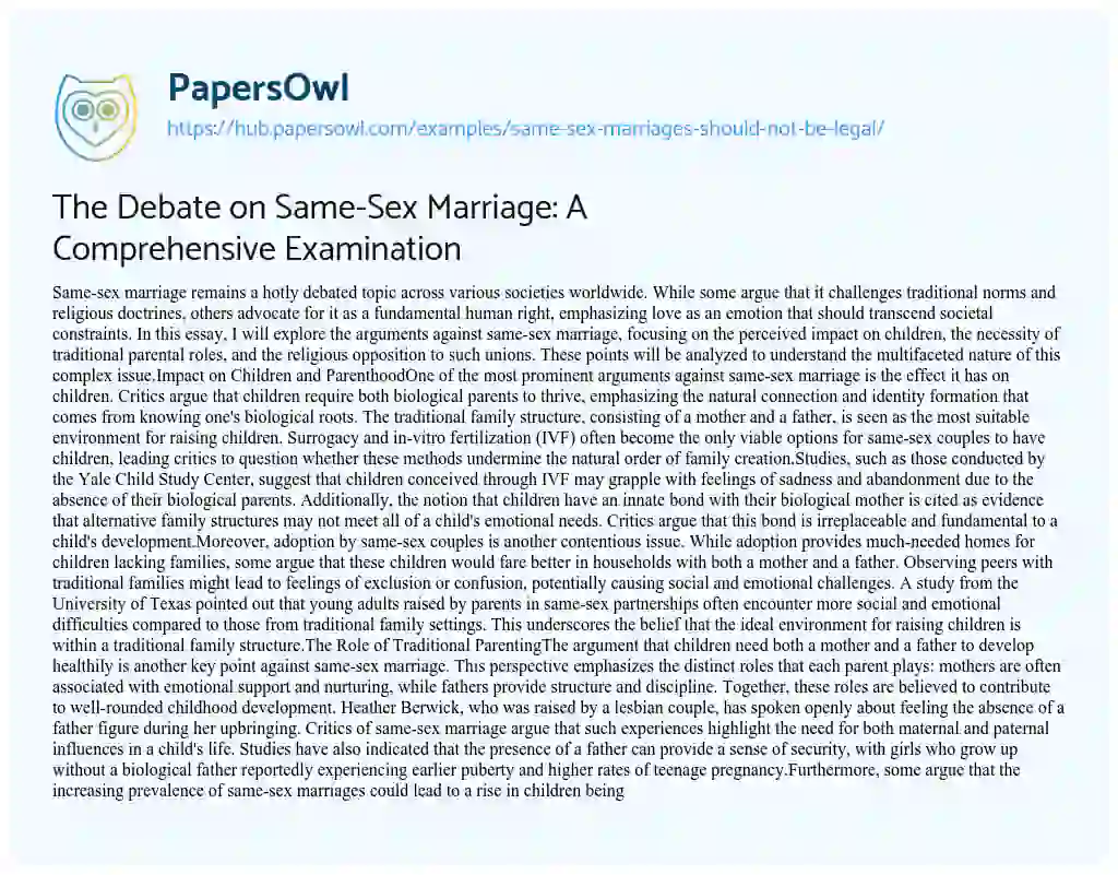 Essay on The Debate on Same-Sex Marriage: A Comprehensive Examination