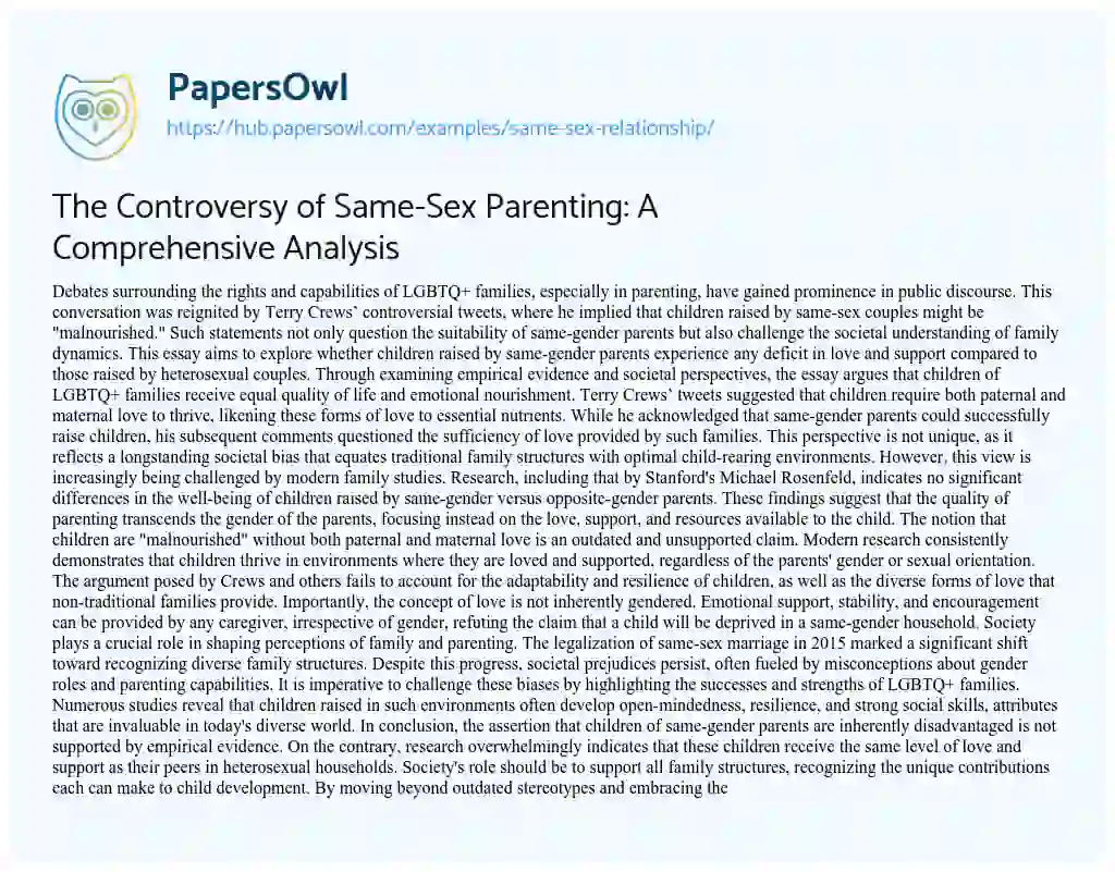 Essay on The Controversy of Same-Sex Parenting: A Comprehensive Analysis