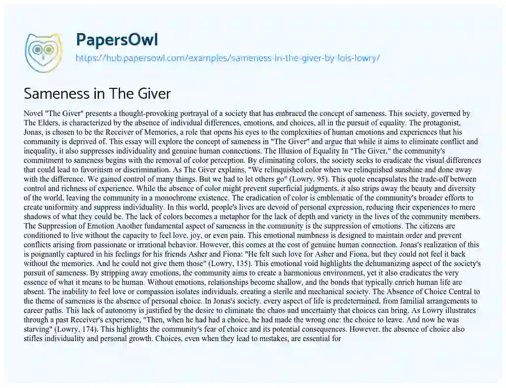 Essay on Sameness in The Giver