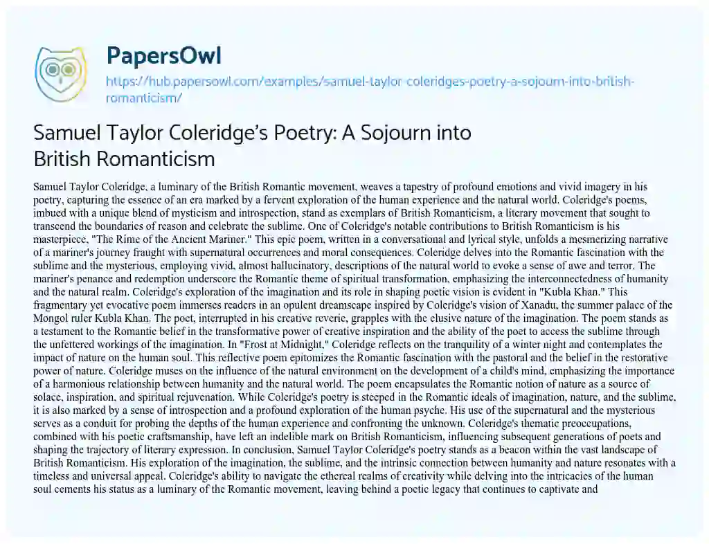 Essay on Samuel Taylor Coleridge’s Poetry: A Sojourn into British Romanticism