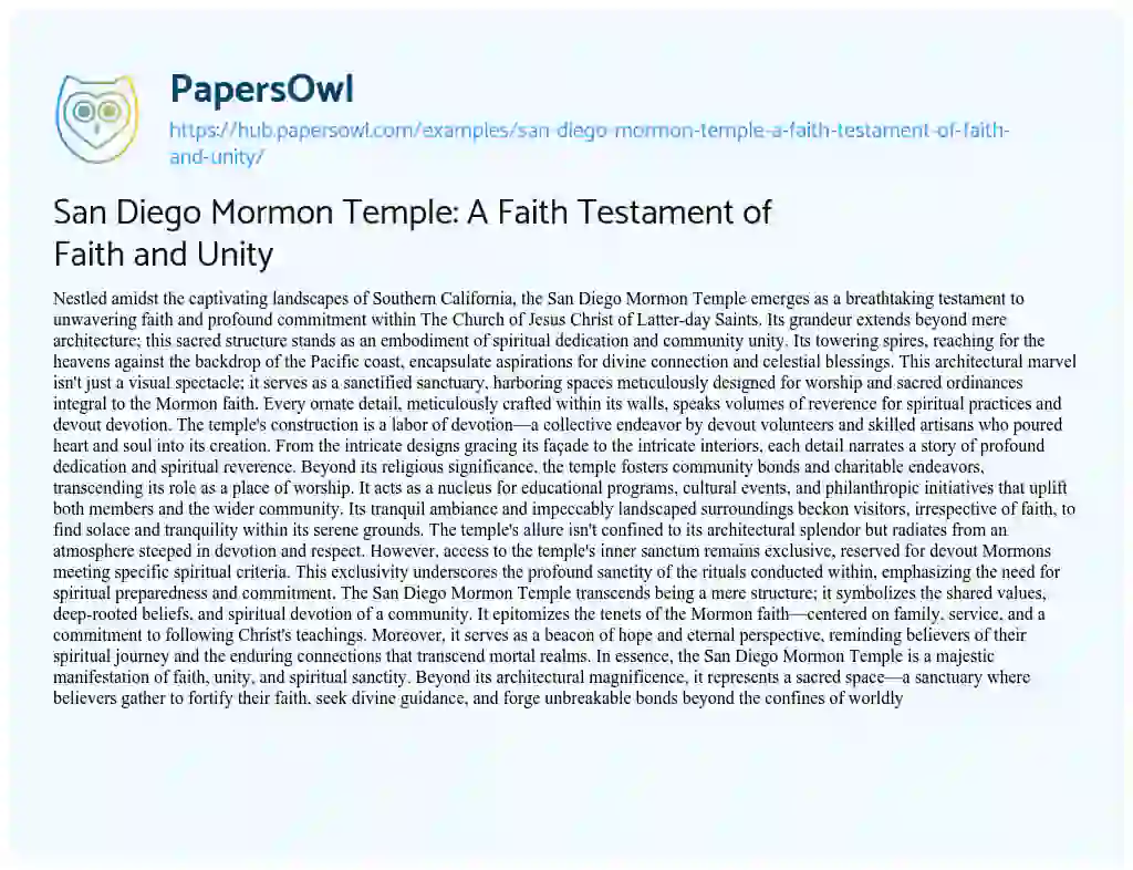 Essay on San Diego Mormon Temple: A Faith Testament of Faith and Unity