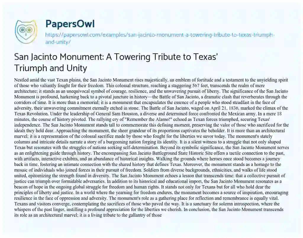 Essay on San Jacinto Monument: A Towering Tribute to Texas’ Triumph and Unity