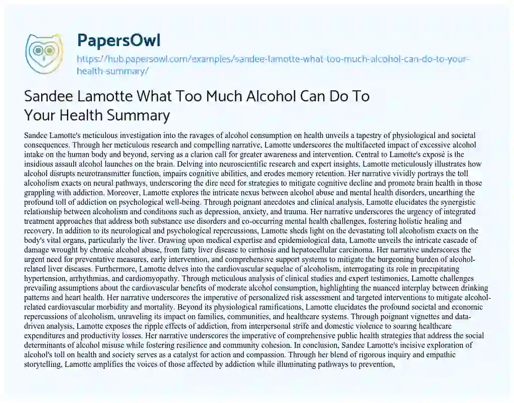 Essay on Sandee Lamotte What Too Much Alcohol Can Do To Your Health Summary