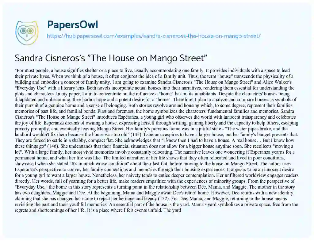 Essay on Sandra Cisneros’s “The House on Mango Street”