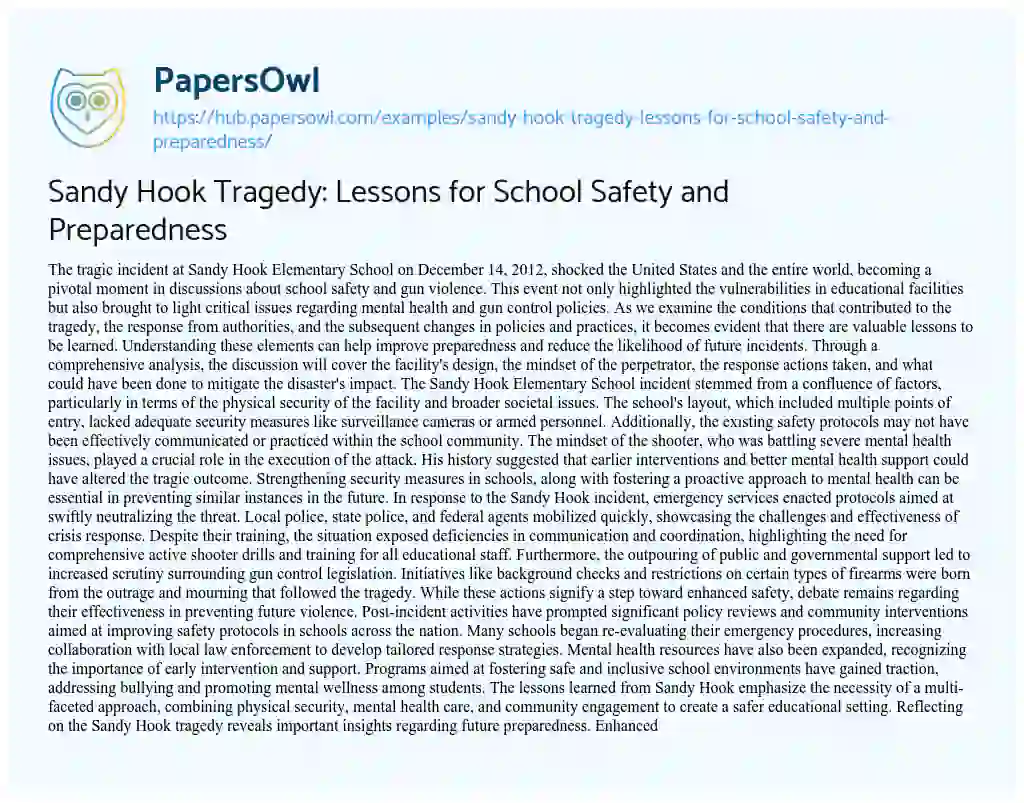 Essay on Sandy Hook Tragedy: Lessons for School Safety and Preparedness