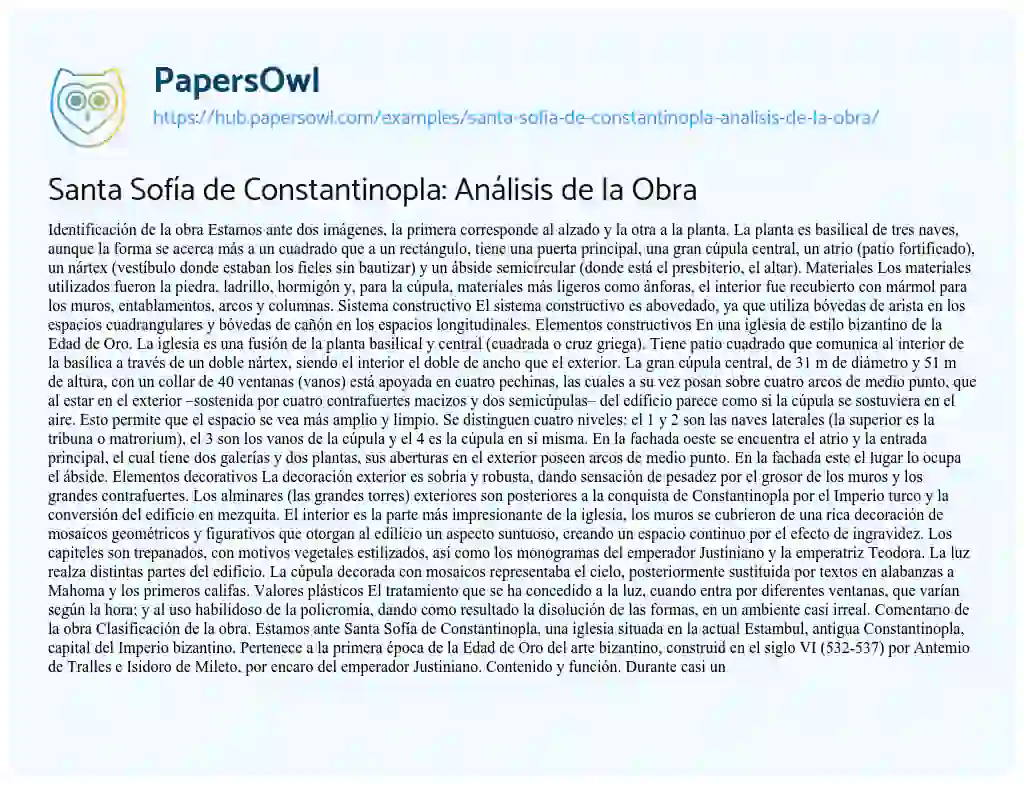 Essay on Santa Sofía de Constantinopla: Análisis de la Obra
