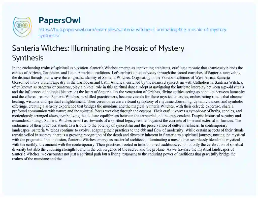 Essay on Santería Witches: Illuminating the Mosaic of Mystery Synthesis