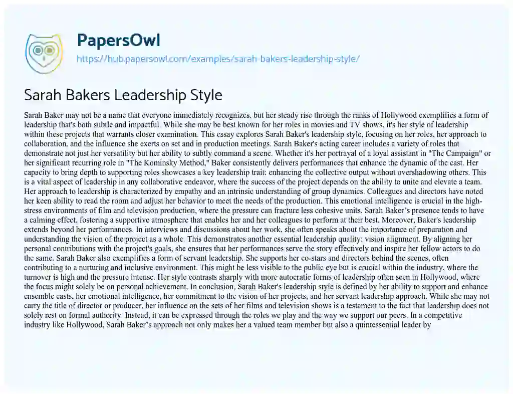 Essay on Sarah Bakers Leadership Style