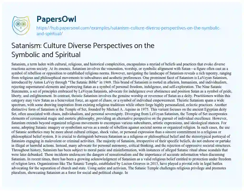 Essay on Satanism: Culture Diverse Perspectives on the Symbolic and Spiritual