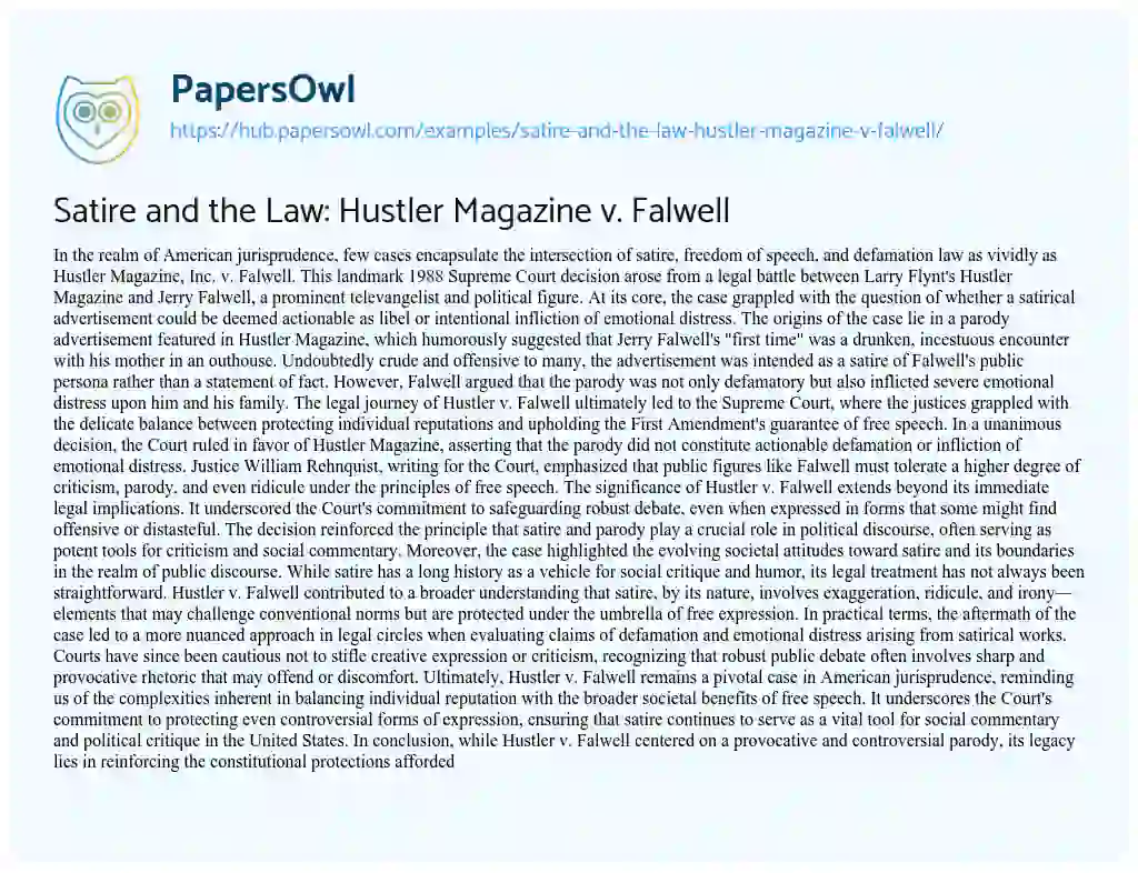 Essay on Satire and the Law: Hustler Magazine v. Falwell