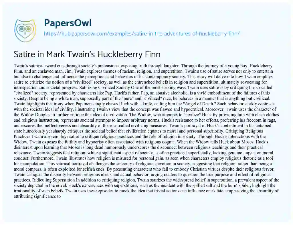Essay on Satire in Mark Twain’s Huckleberry Finn