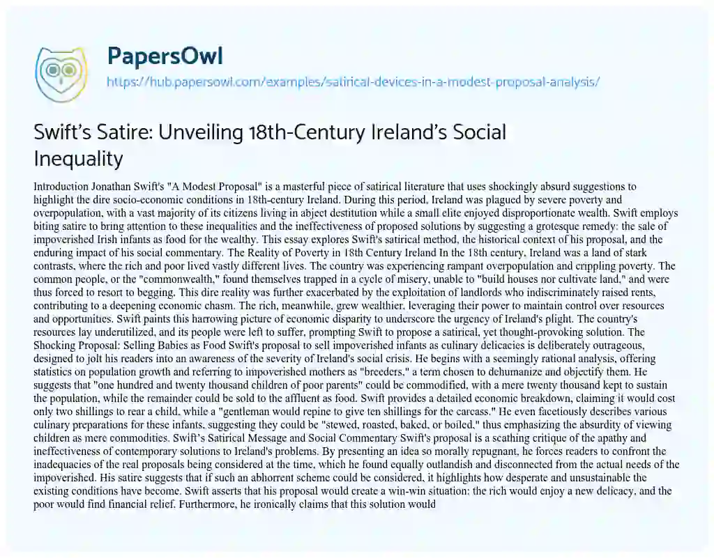 Essay on Swift’s Satire: Unveiling 18th-Century Ireland’s Social Inequality