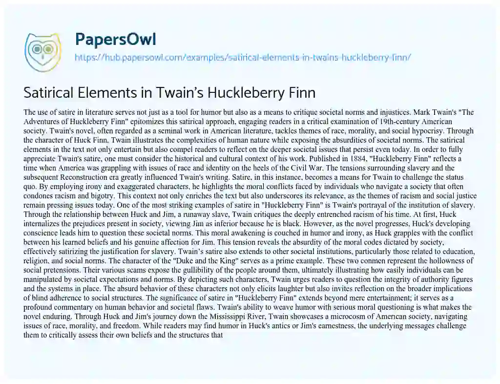 Essay on Satirical Elements in Twain’s Huckleberry Finn