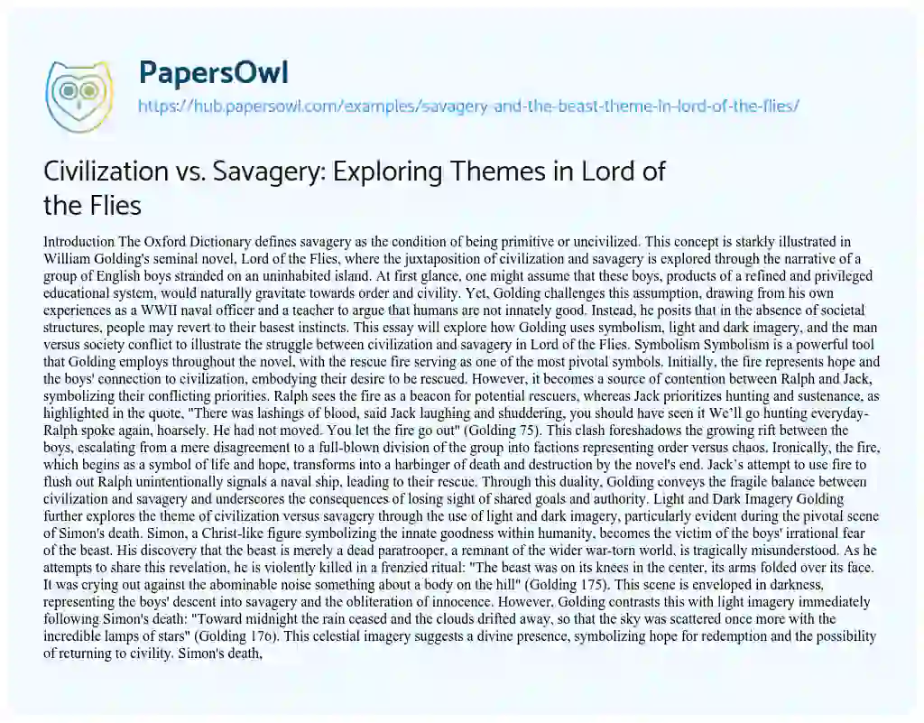 Essay on Civilization vs. Savagery: Exploring Themes in Lord of the Flies