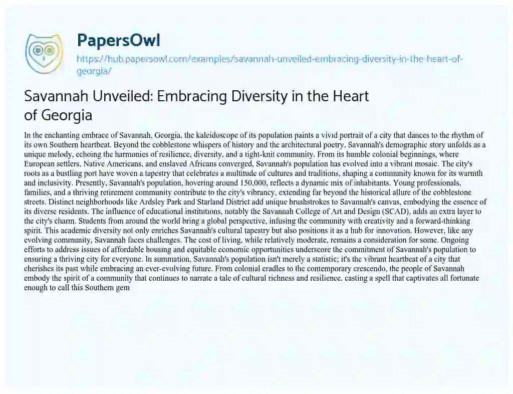 Essay on Savannah Unveiled: Embracing Diversity in the Heart of Georgia