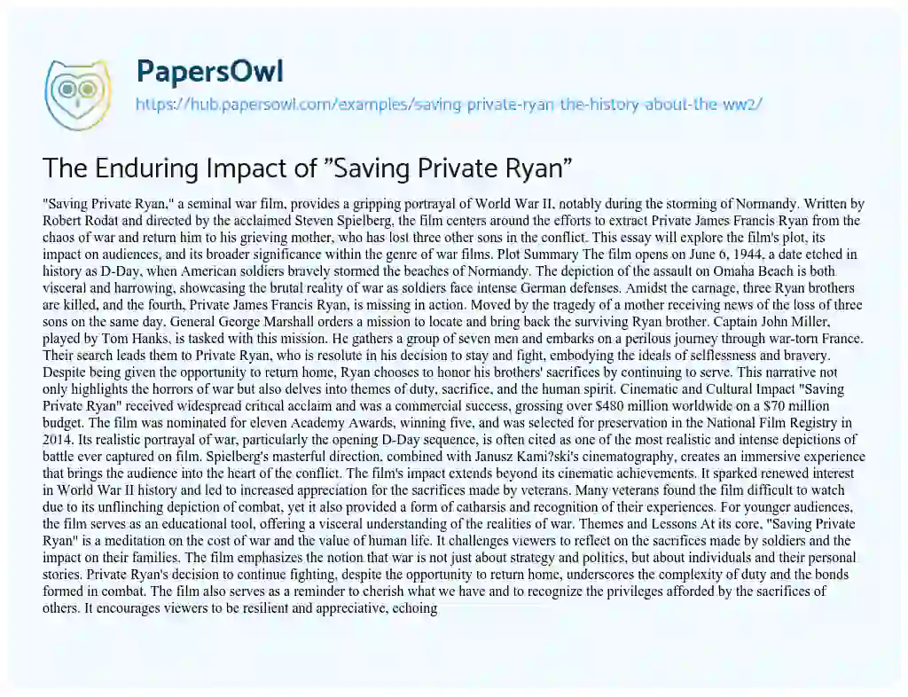 Essay on The Enduring Impact of “Saving Private Ryan”