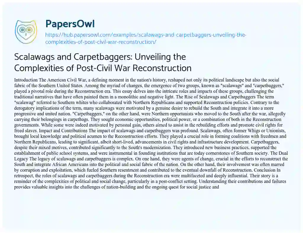 Essay on Scalawags and Carpetbaggers: Unveiling the Complexities of Post-Civil War Reconstruction