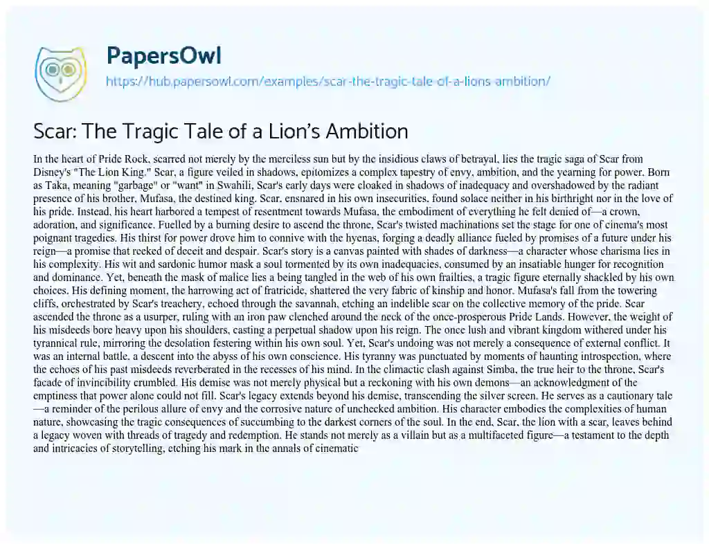 Essay on Scar: The Tragic Tale of a Lion’s Ambition