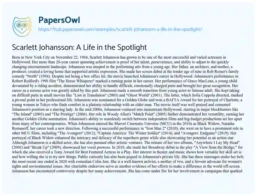 Essay on Scarlett Johansson: A Life in the Spotlight