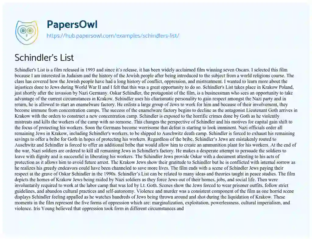 Essay on Schindler’s List