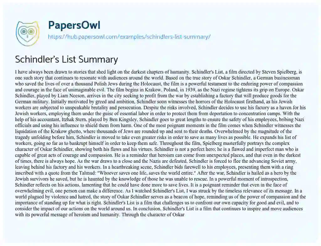 Essay on Schindler’s List Summary
