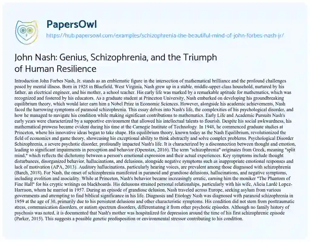 Essay on John Nash: Genius, Schizophrenia, and the Triumph of Human Resilience