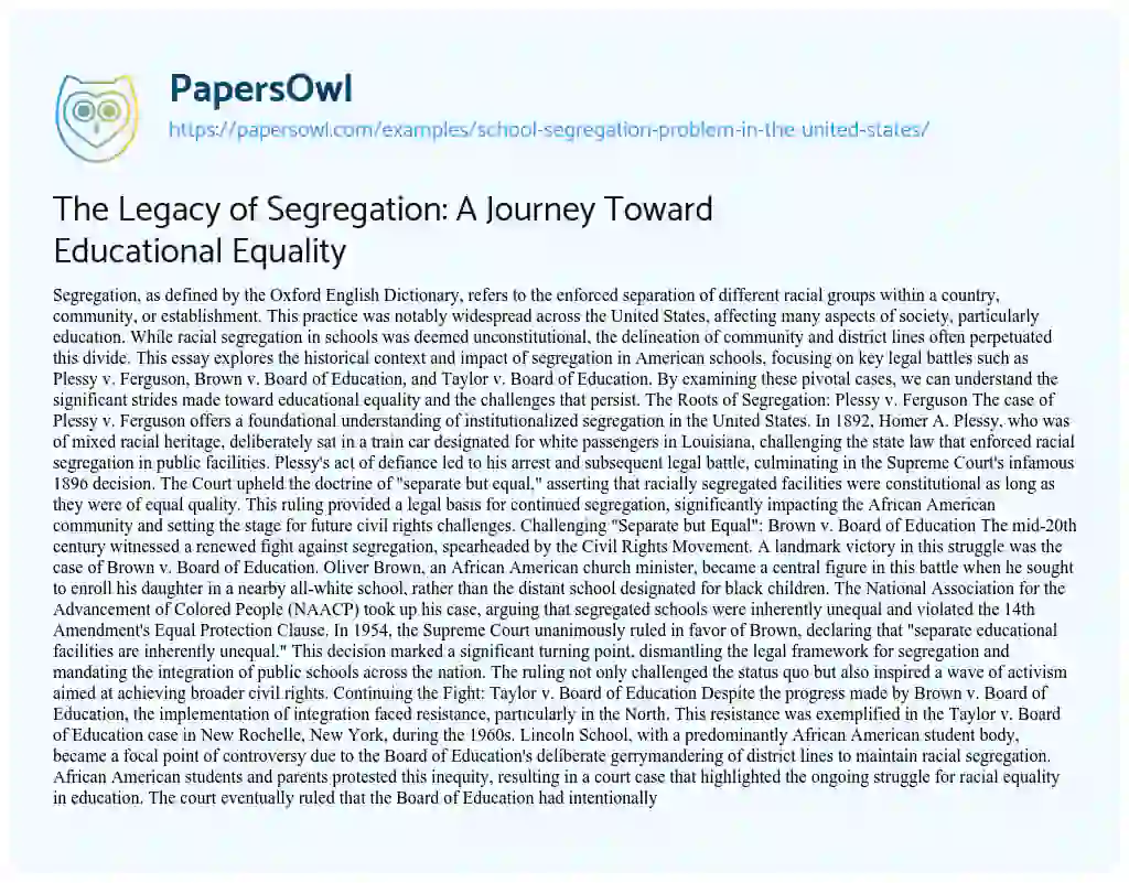 Essay on The Legacy of Segregation: A Journey Toward Educational Equality