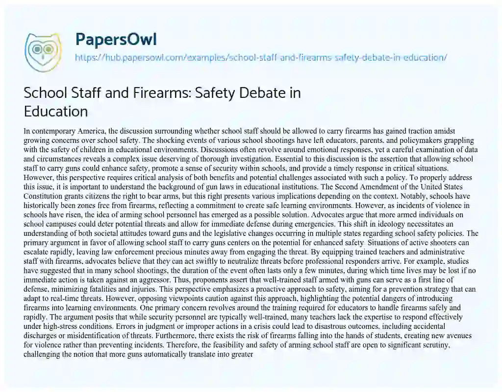 Essay on School Staff and Firearms: Safety Debate in Education