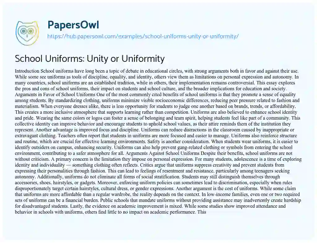 Essay on School Uniforms: Unity or Uniformity