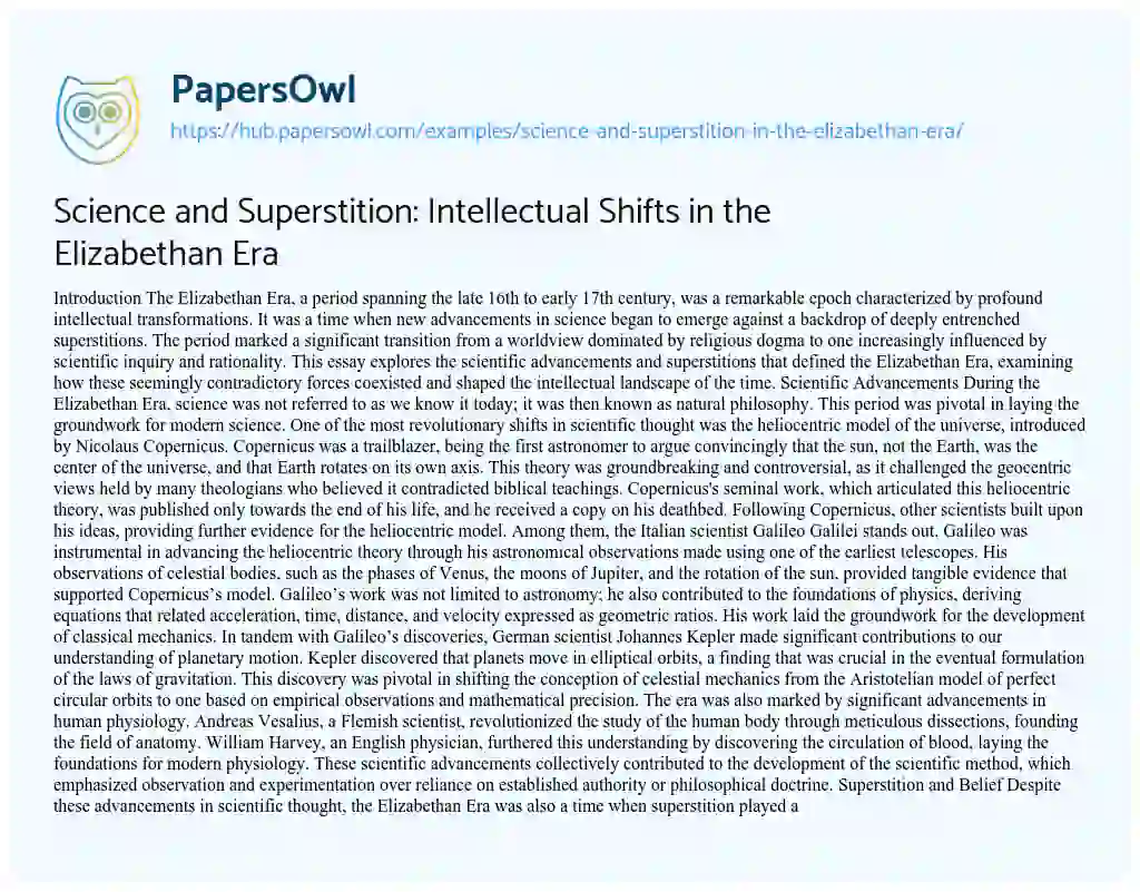 Essay on Science and Superstition: Intellectual Shifts in the Elizabethan Era