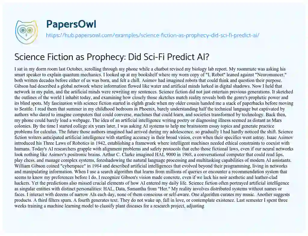Essay on Science Fiction as Prophecy: Did Sci-Fi Predict AI?