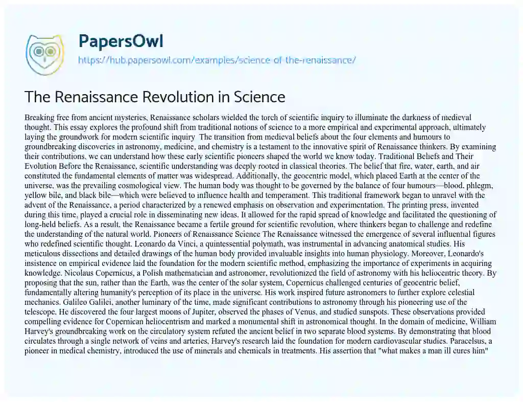 Essay on The Renaissance Revolution in Science