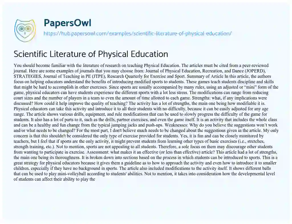 Essay on Scientific Literature of Physical Education