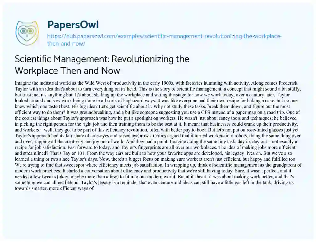 Essay on Scientific Management: Revolutionizing the Workplace Then and Now