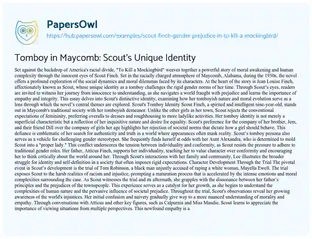 Essay on Tomboy in Maycomb: Scout’s Unique Identity