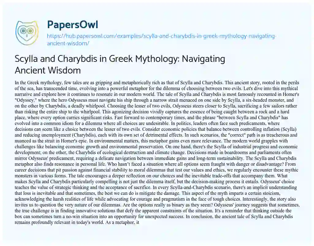 Essay on Scylla and Charybdis in Greek Mythology: Navigating Ancient Wisdom