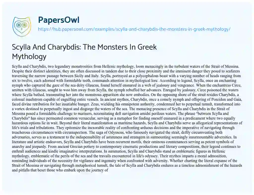 Essay on Scylla And Charybdis: The Monsters In Greek Mythology