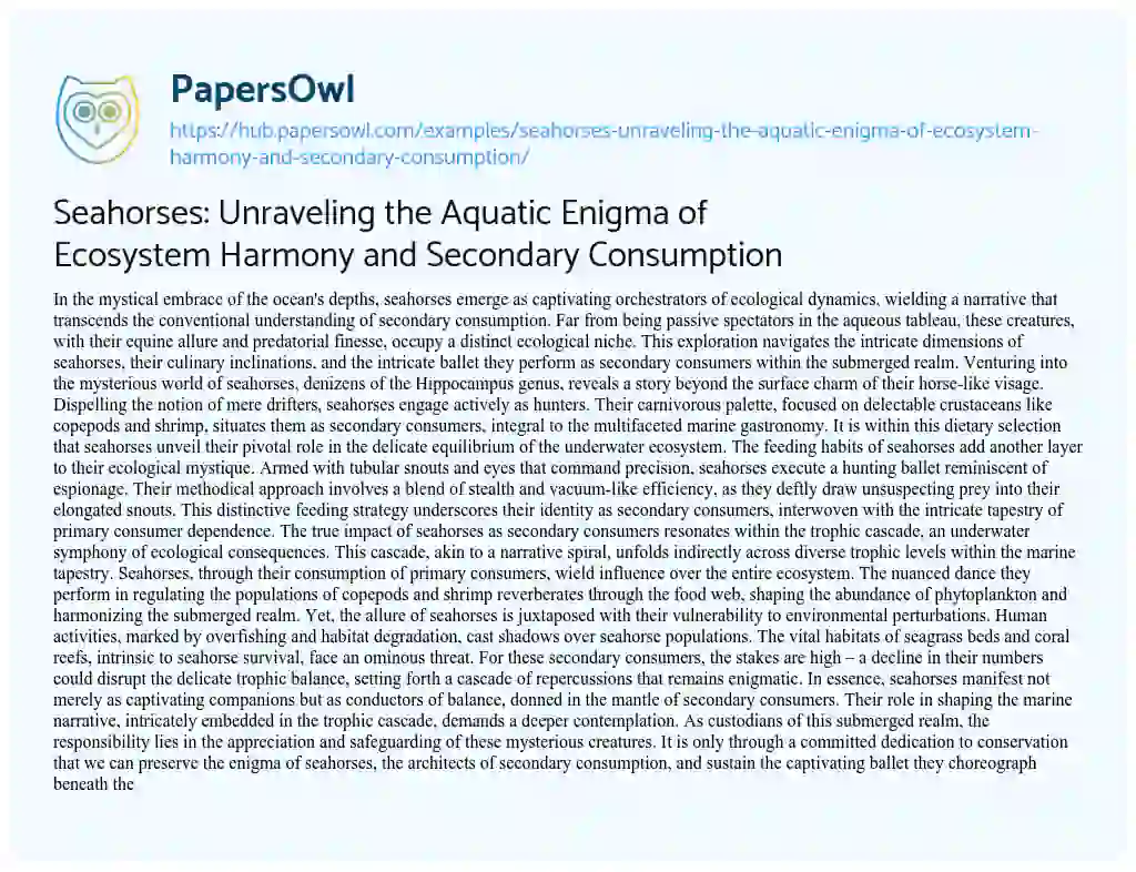 Essay on Seahorses: Unraveling the Aquatic Enigma of Ecosystem Harmony and Secondary Consumption