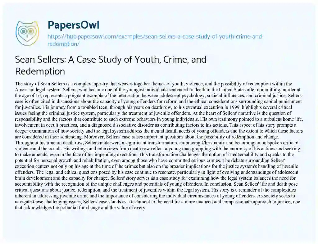 Essay on Sean Sellers: A Case Study of Youth, Crime, and Redemption
