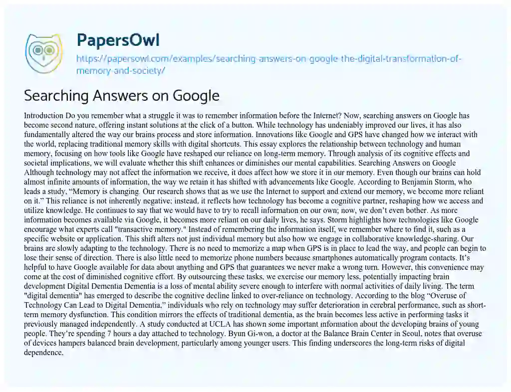 Essay on Searching Answers on Google