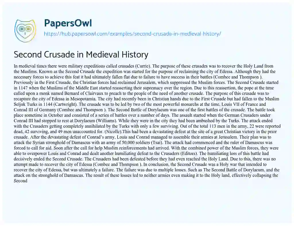 Essay on Second Crusade in Medieval History