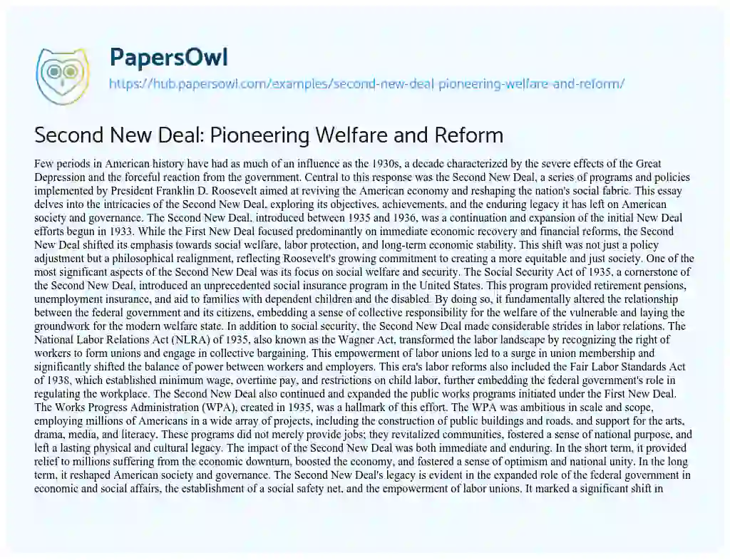 Essay on Second New Deal: Pioneering Welfare and Reform